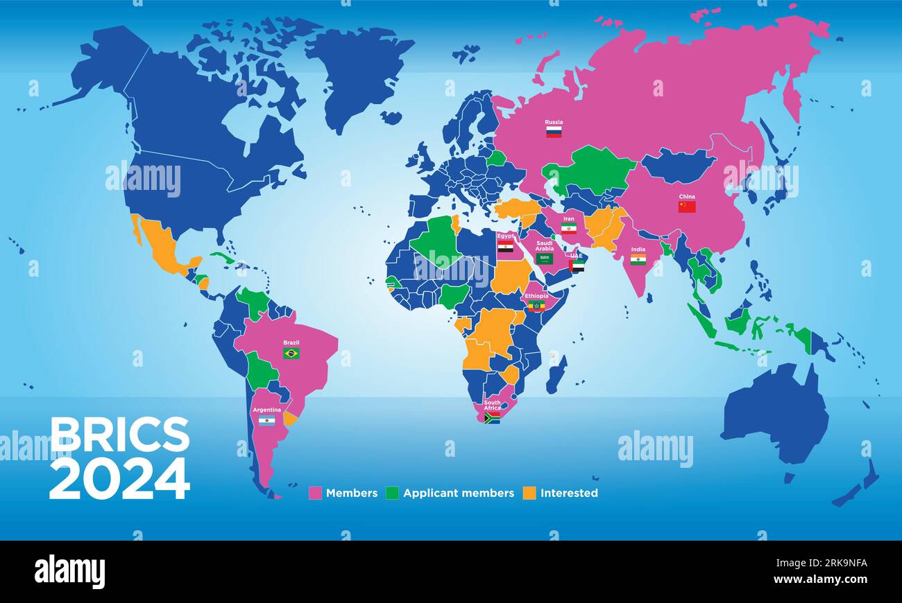 Brics Countries Map In The Year 2024 With New Members International Economic Organization Vector Illustration 2RK9NFA 