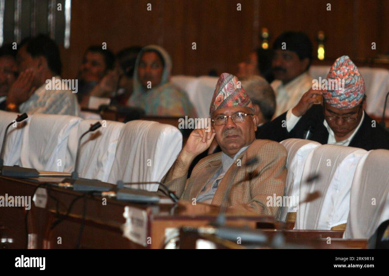Bildnummer: 54223538  Datum: 12.07.2010  Copyright: imago/Xinhua  Nepali caretaker government Prime Minister Madhav Kumar Nepal attends the budget session of the Legislature Parliament at the Constitute Assembly building in Kathmandu, capital of Nepal, July 12, 2010. The Legislature Parliament of Nepal has endorsed the bill to introduce advance budget Monday for the fiscal year 2010-2011. The 601 member Parliament passed the bill presented by Finance Minister Surendra Pandey of caretaker government to introduce advance budget as the current caretaker government is not valid to bring full-fledg Stock Photo