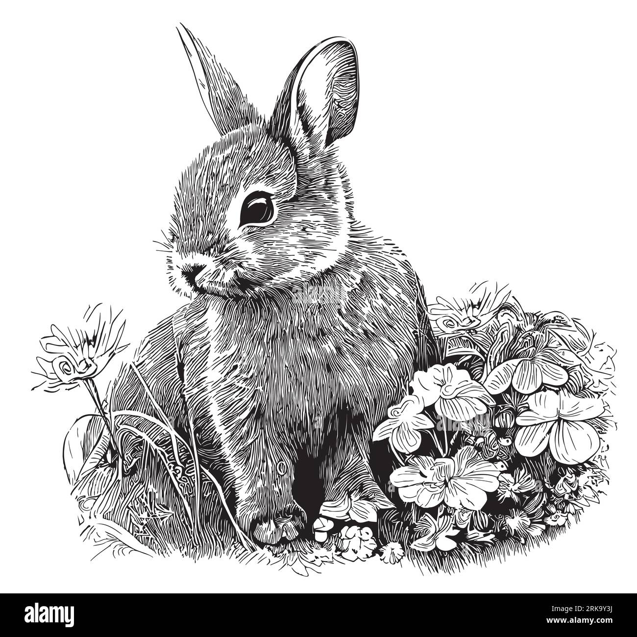 Little rabbit in flowers hand drawn sketch animals Vector illustration Stock Vector