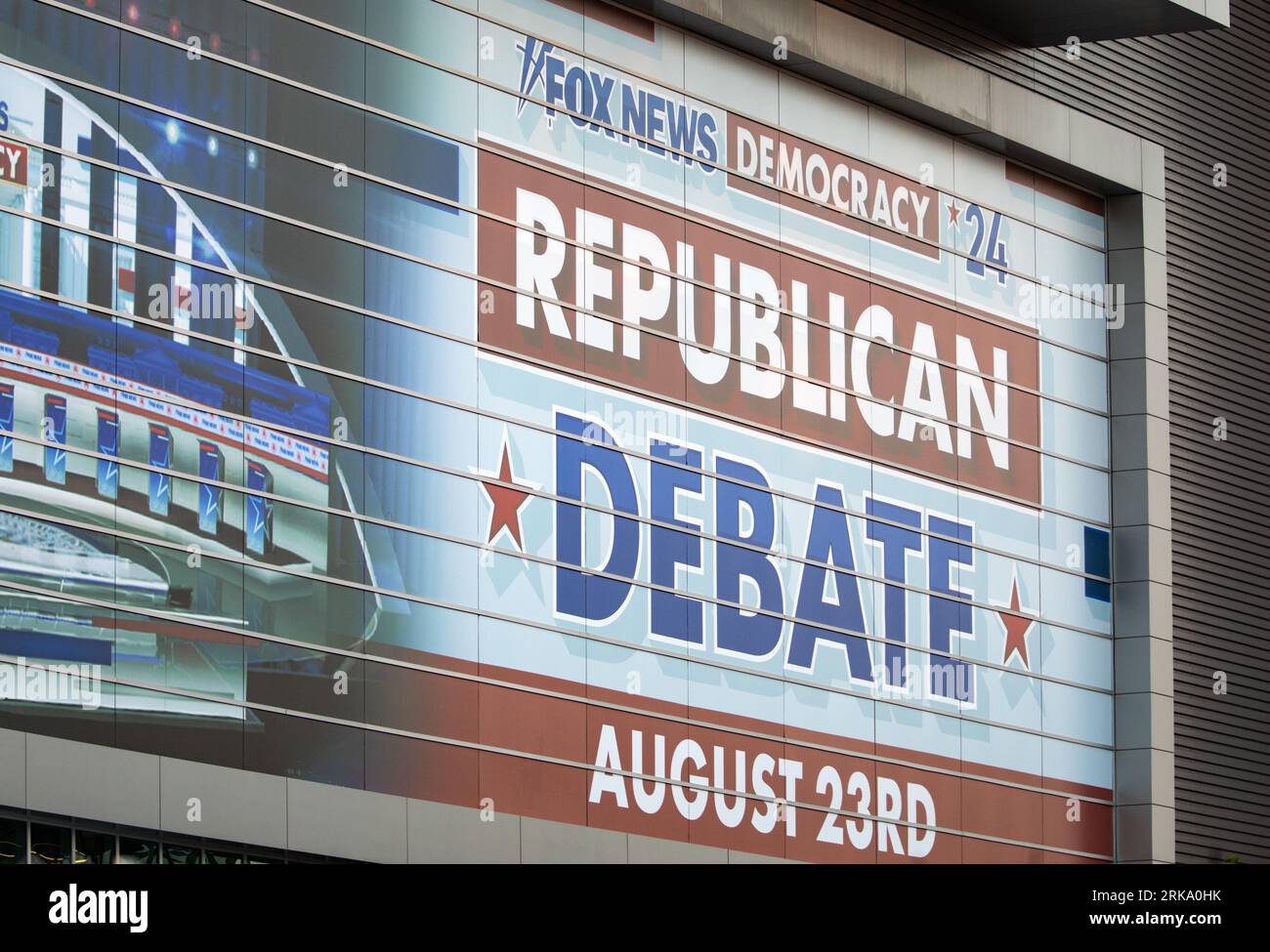 Milwaukee, Wisconsin, USA - August 23, 2023: A sign promoting the the first 2024 Republican Presidential Debate. Stock Photo