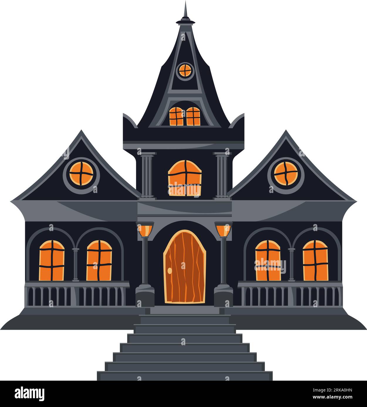 Halloween gloomy gray house with stairs, orange windows and a door. Gothic architecture in flat style. Cartoon haunted house. Vector illustration. Stock Vector