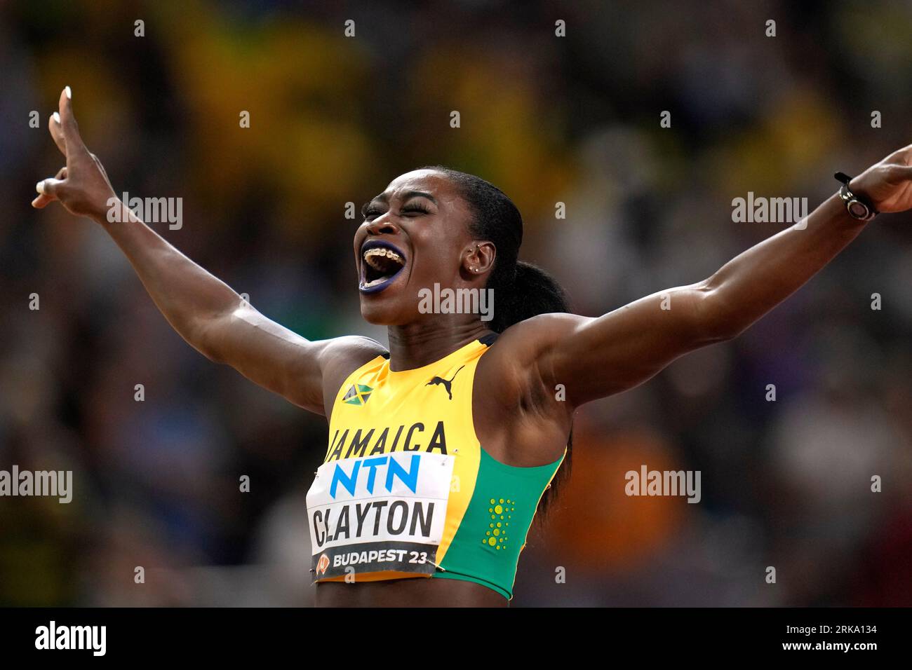 Rushell Clayton, of Jamaica, celebrates after taking bronze in the ...