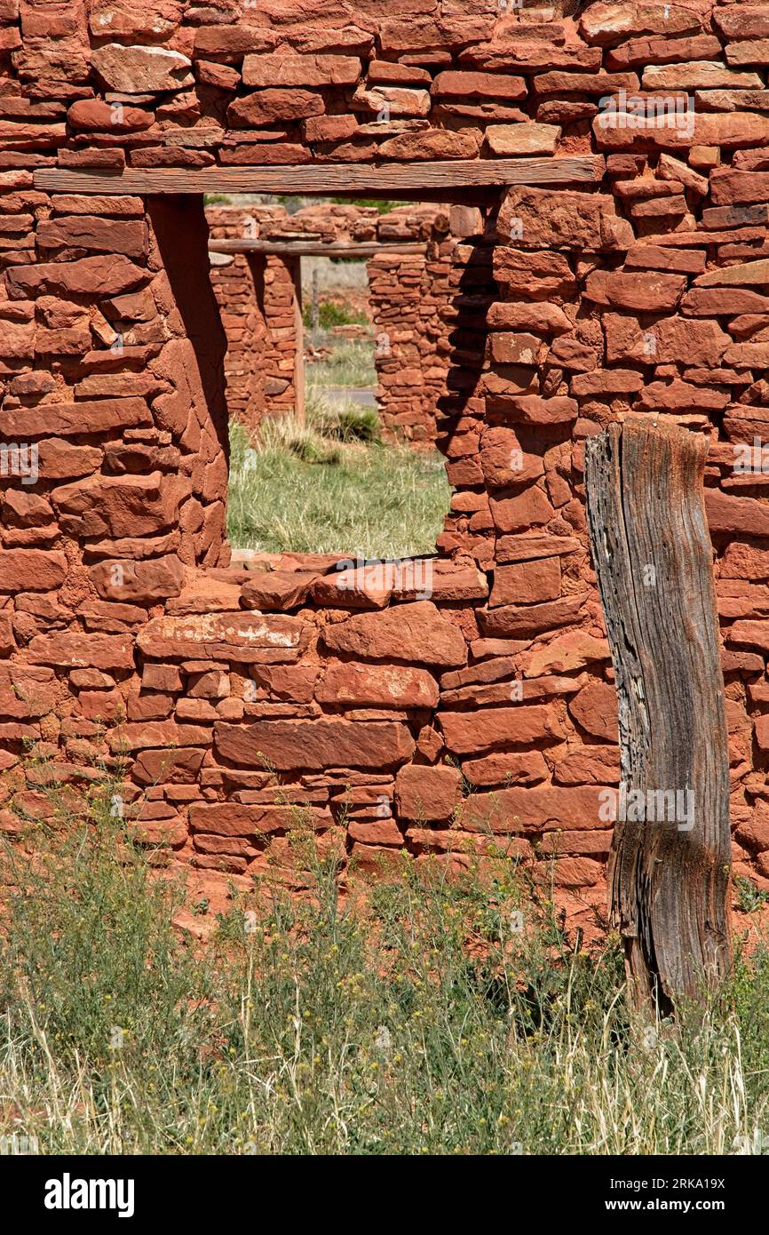 Looking through series of windows in sandstone masonry pueblo ruins with ponderosa pine lintels at Abo in Salinas Pueblo Missions National Monument Stock Photo