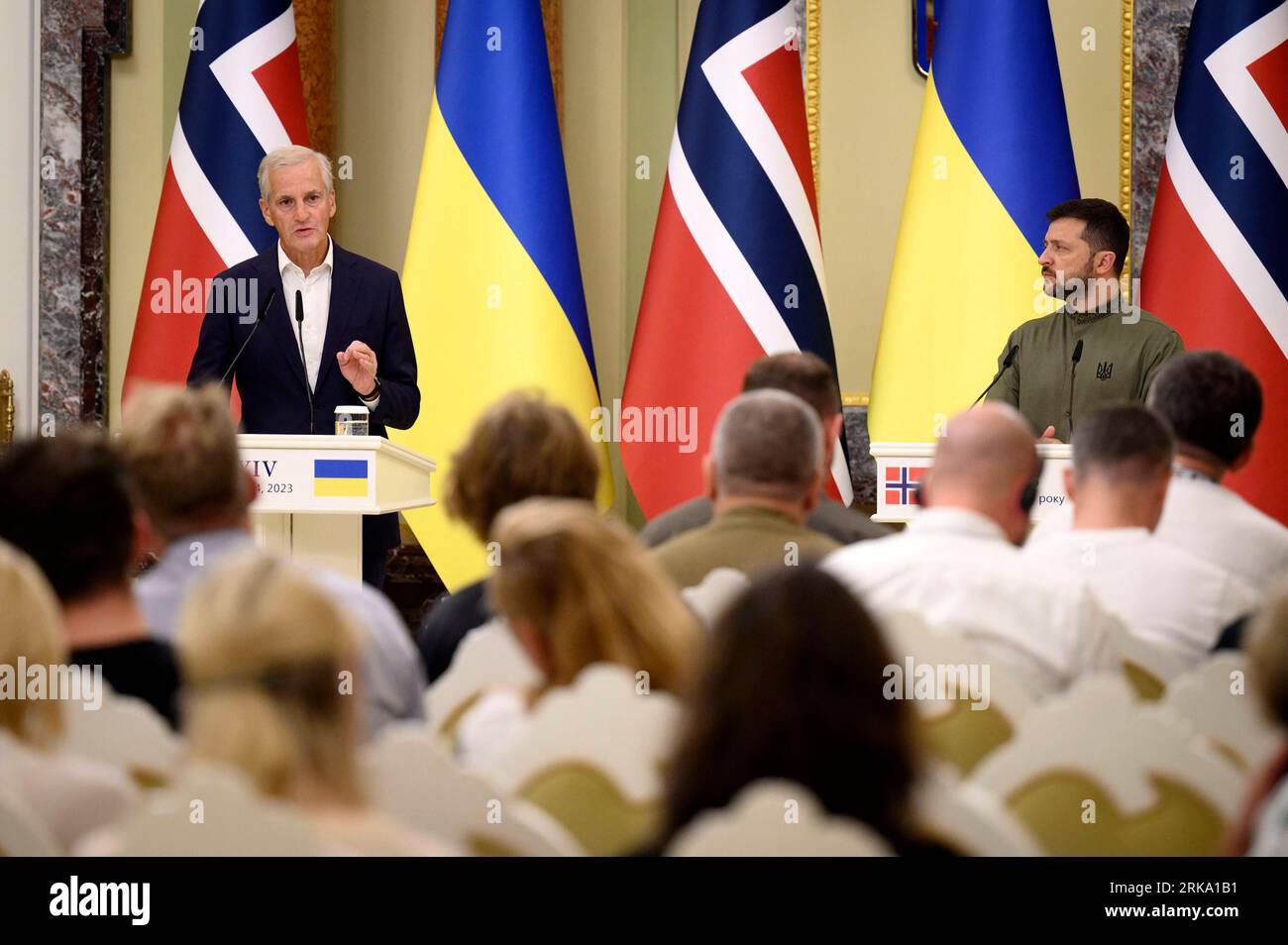 Kyiv, Ukraine. 24th Aug, 2023. Norwegian Prime-Minister Jonas Gahr Store (L) speaks as Ukrainian President Volodymyr Zelensky (R) looks on during a press conference on Ukraine's 32nd Independence Day in Kyiv, Ukraine on Thursday, August 24, 2023. Photo by Ukrainian President Press Office/ Credit: UPI/Alamy Live News Stock Photo
