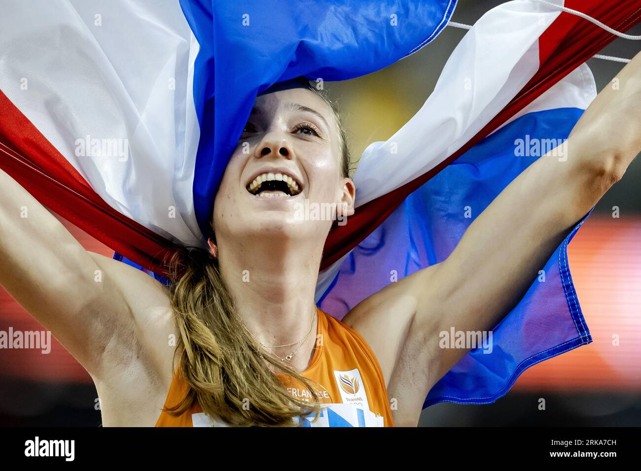 BUDAPEST - Femke Bol cheers after winning the final in the 400 meters ...