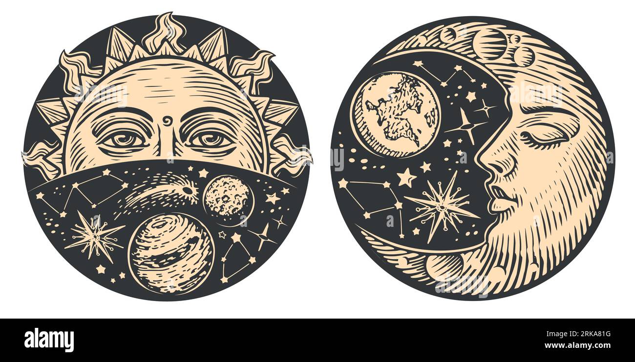 Sun and Moon with face engraving style drawing. Day and night. Hand drawn vector illustration astrology concept Stock Vector