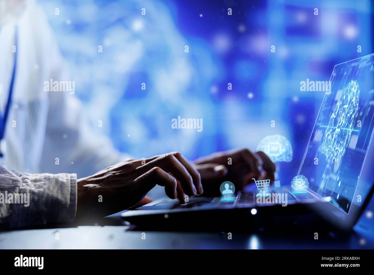 Employee using AI system ingesting large amounts of machine learning labeled training data, analyzing for correlations and patterns to make predictions for online shopping and social media workloads Stock Photo