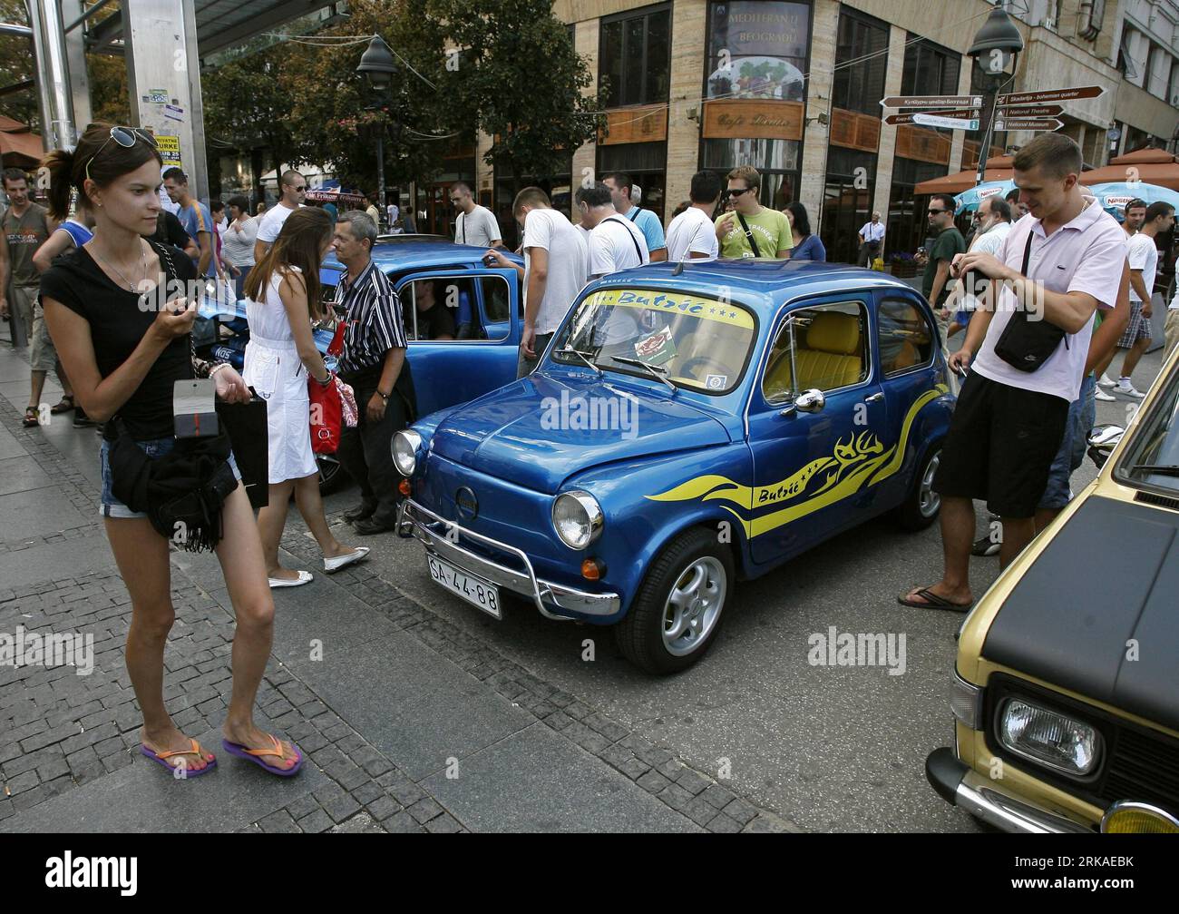 Bildnummer: 54329519  Datum: 22.08.2010  Copyright: imago/Xinhua (100823) -- BELGRADE, Aug. 23, 2010 (Xinhua) -- take look at then Yugoslav cars displayed at Central Square in Belgrade on Aug. 22, 2010. The Zastava 750 car made by the then Yugoslavian car producer Zavod Crvena Zastava was the then Yugoslavian version of Fiat 600 under license from 1955 to 1985. The cars are still widely available in Serbia, Montenegro, and Bosnia and Herzegovina. (Xinhua)(Serbia Out) SERBIA-BELGRADE-OLD CARS-DISPLAY PUBLICATIONxNOTxINxCHN Wirtschaft Gesellschaft Oldtimer Auto Ausstellung kbdig xub 2010 quer Stock Photo