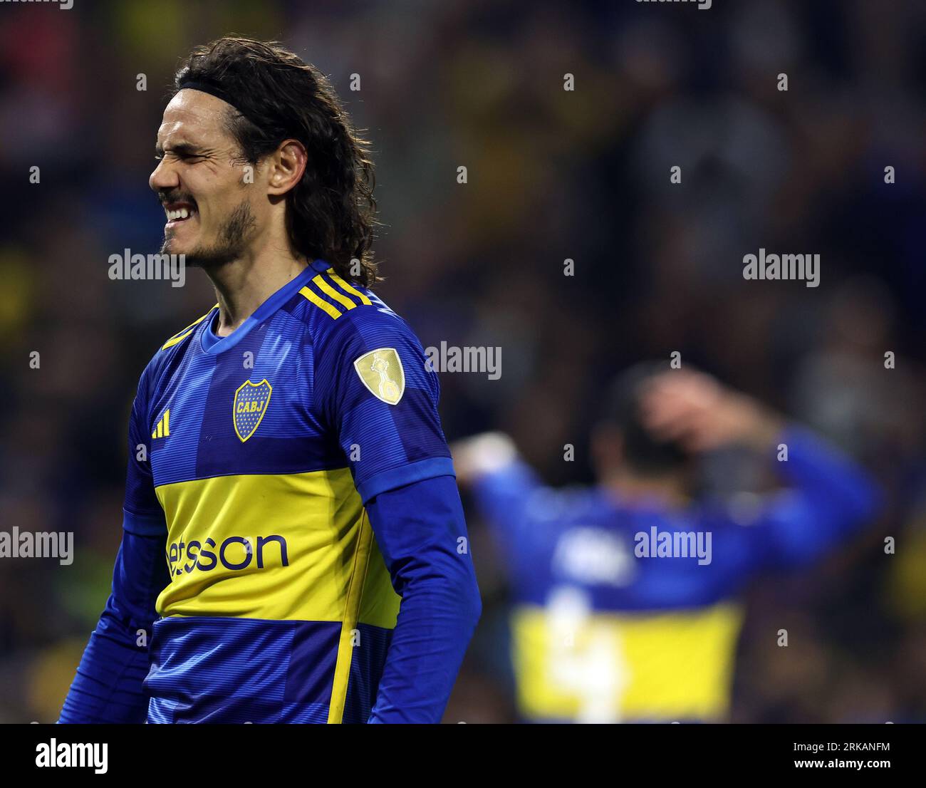 Argentina’s Boca Juniors Uruguayan midfielder Edinson Cavani (L) gestures during the Copa Libertadores quarter finals first leg football match against Argentina's Racing Club, at La Bombonera stadium in Buenos Aires, on August 23, 2023. Credit: Alejandro Pagni/Alamy Live News Stock Photo