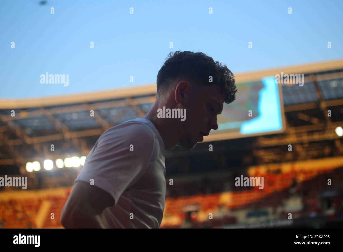 Pamplona, Spain, 24th August, 2023: Club Brugge player Andreas Skov Olsen warming up during the first leg match of the UEFA Europa Conference League 2023-24 Preliminary Round between CA Osasuna and Club Brugge at the Estadio from El Sadar, in Pamplona, on August 24, 2023. Credit: Alberto Brevers / Alamy Live News. Stock Photo