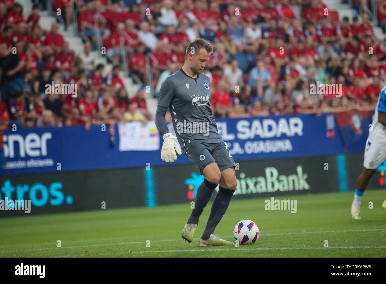 Pamplona, Spain, 24th August, 2023: Club Brugge's goalkeeper Simon Mignolet (22) with the ball during the first leg match of the UEFA Europa Conference League 2023-24 Preliminary Round between CA Osasuna and Club Brugge in the El Sadar Stadium, in Pamplona, on August 24, 2023. Credit: Alberto Brevers / Alamy Live News. Stock Photo