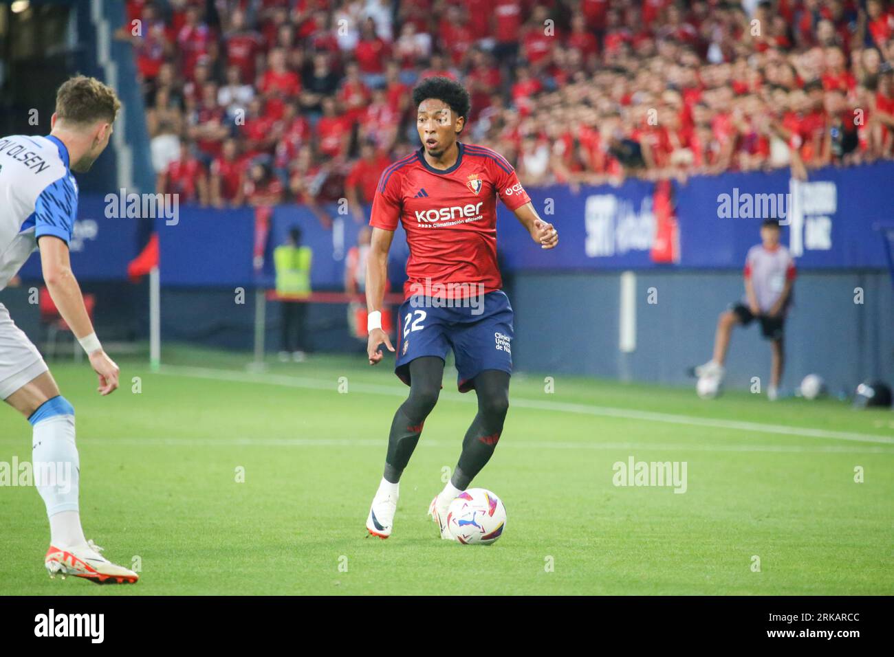 Pamplona, Spain, 24th August, 2023: CA Osasuna's player Johan Mojica (22) with the ball during the first leg match of the UEFA Europa Conference League 2023-24 Preliminary Round between CA Osasuna and Club Brugge in the El Sadar Stadium, in Pamplona, on August 24, 2023. Credit: Alberto Brevers / Alamy Live News. Stock Photo