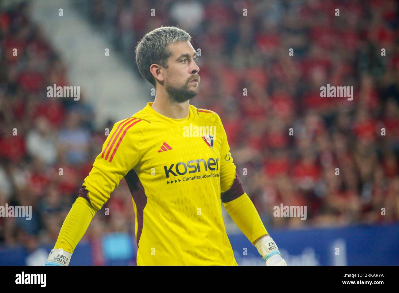 Pamplona, Spain, 24th August, 2023: CA Osasuna's goalkeeper, Aitor (13) during the first leg match of the 2023-24 UEFA Europa Conference League Preliminary Round between CA Osasuna and Club Brugge at El Estadio Sadar, in Pamplona, on August 24, 2023. Credit: Alberto Brevers / Alamy Live News. Stock Photo