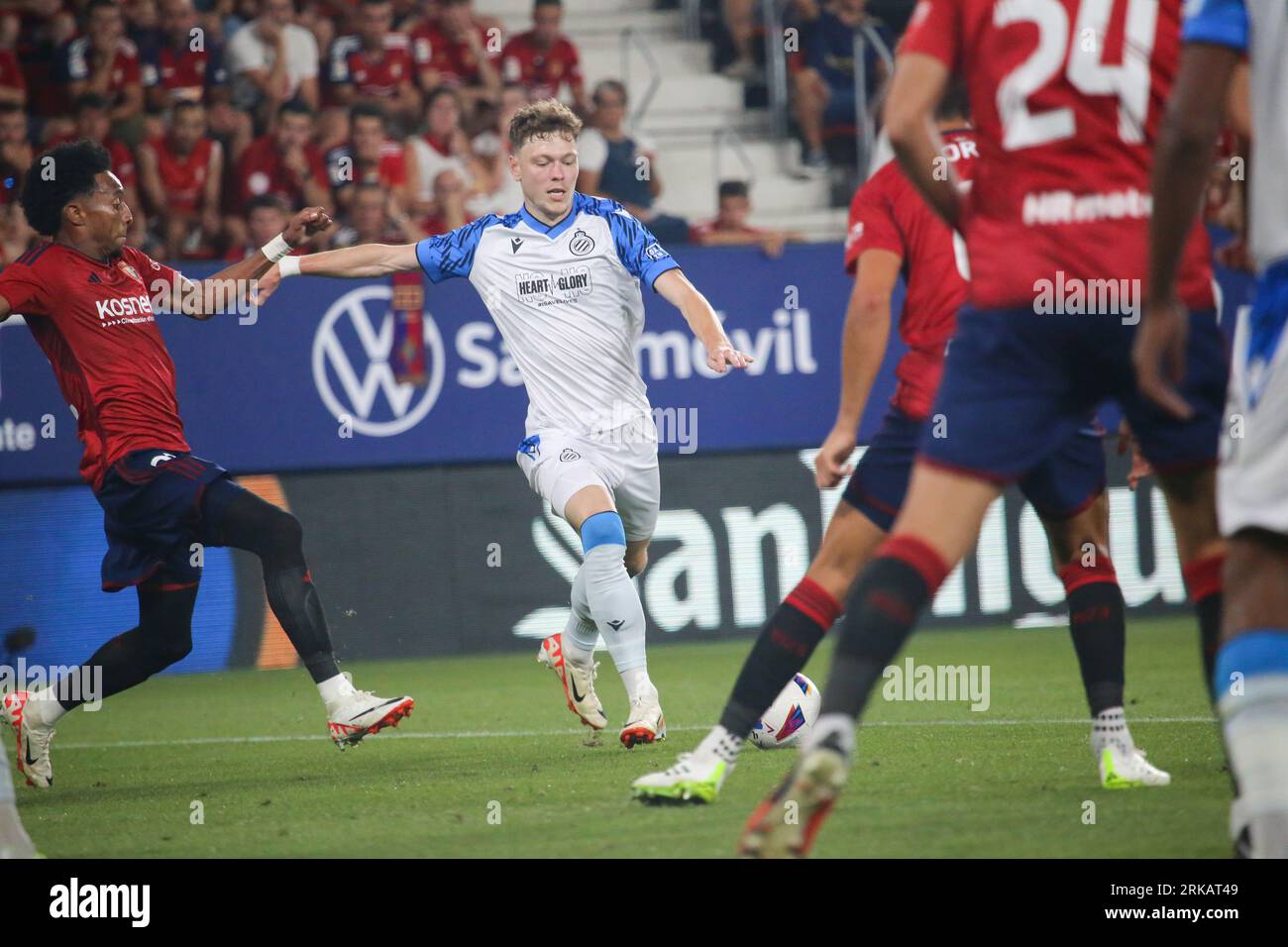 Pamplona, Spain, 24th August, 2023: Club Brugge's player, Andreas Sven Olsen (7) is about to shoot in front of several rivals during the first leg of the previous round of the UEFA Europa Conference League 2023-24 between CA Osasuna and Club Brugge at the El Sadar Stadium, in Pamplona, on August 24, 2023. Credit: Alberto Brevers / Alamy Live News. Stock Photo