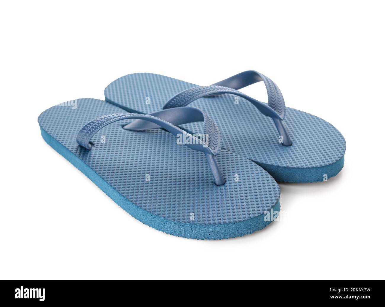 Blue female flip flops on white background Stock Photo - Alamy