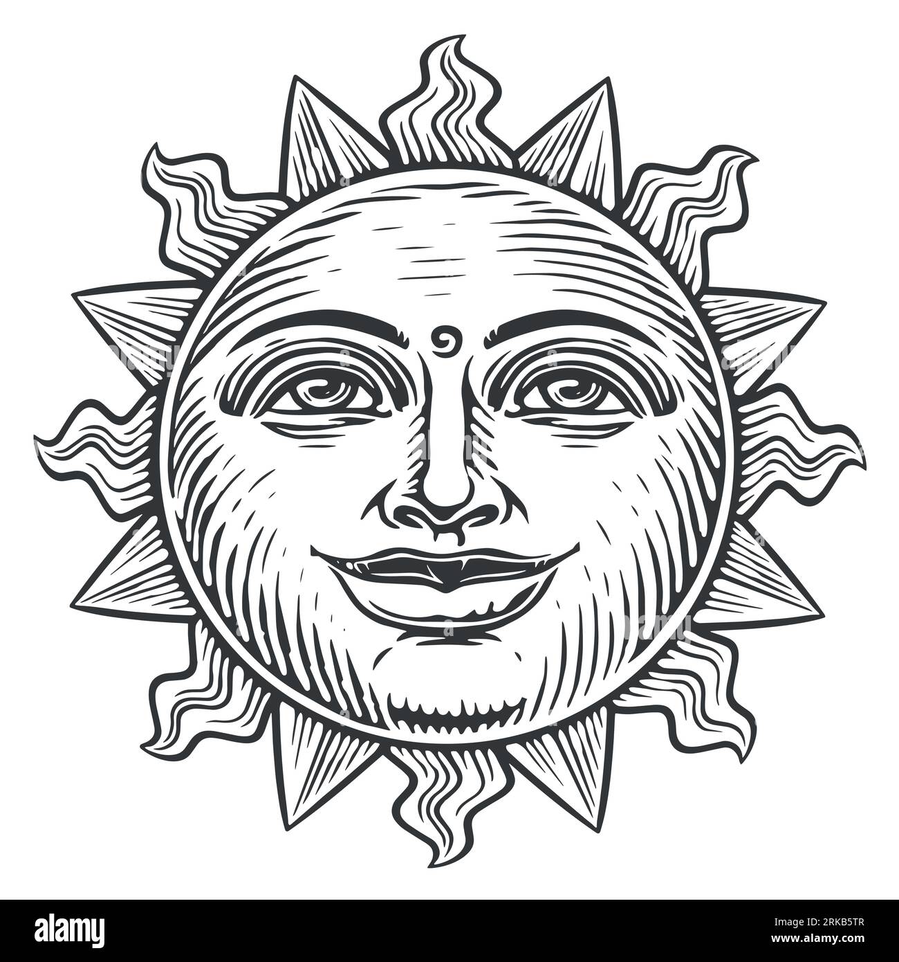 Smiling Sun in vintage engraving style. Sunny day, morning. Sketch vector illustration Stock Vector