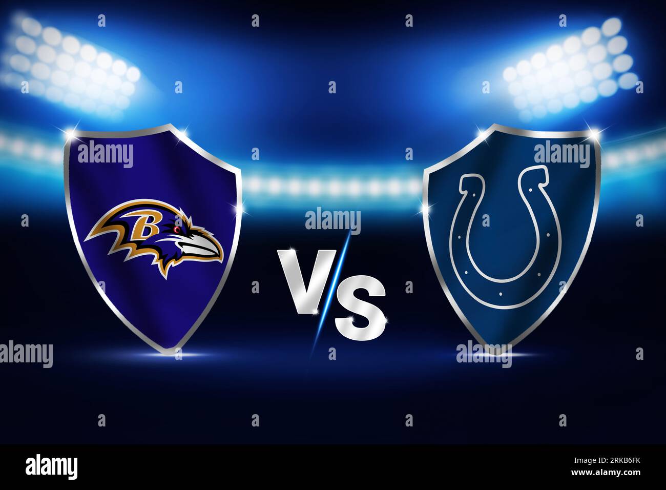 Ravens Vs Colts football match fixture with glowing stadium lights in the backdrop, American football editorial background Stock Photo