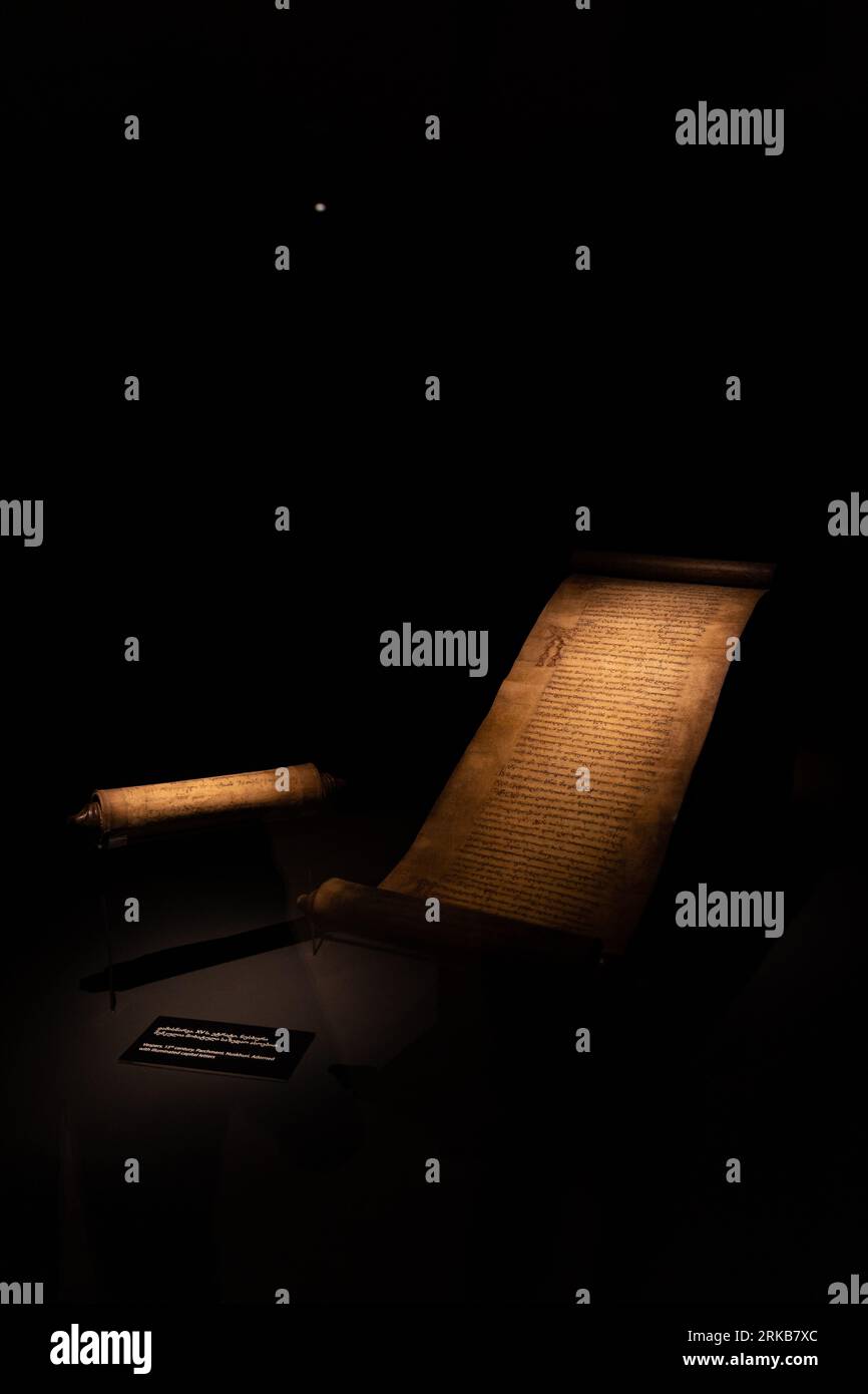 An ancient parchment scroll at the Museum in Mestia, Stock Photo Alamy