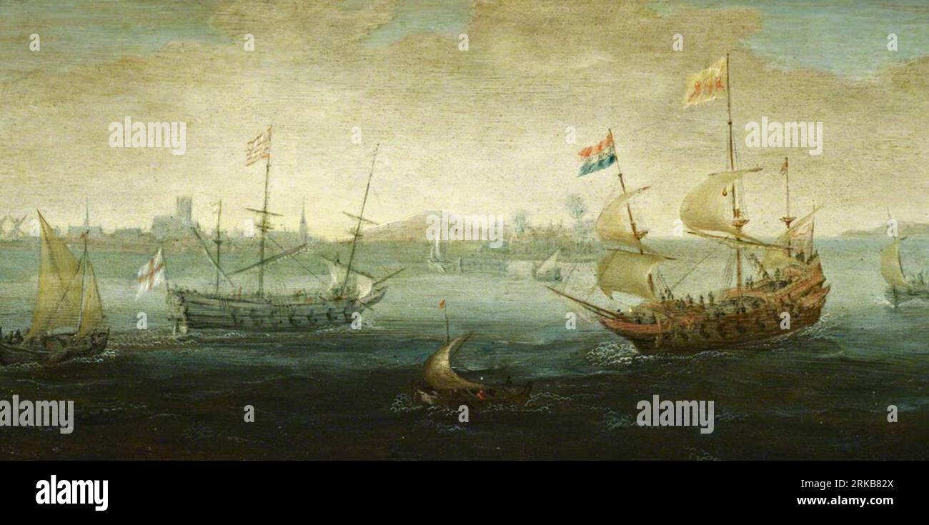 A Dutch and an English Ship off a Harbour circa 1625 by Abraham de Verwer Stock Photo