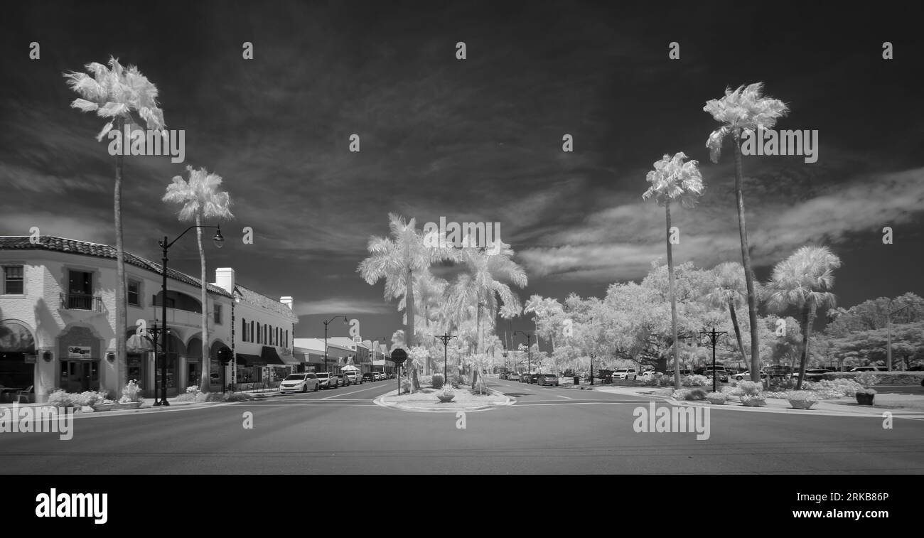 Infrared Red image of downtown Vencie Avenue in Venice Florida USA