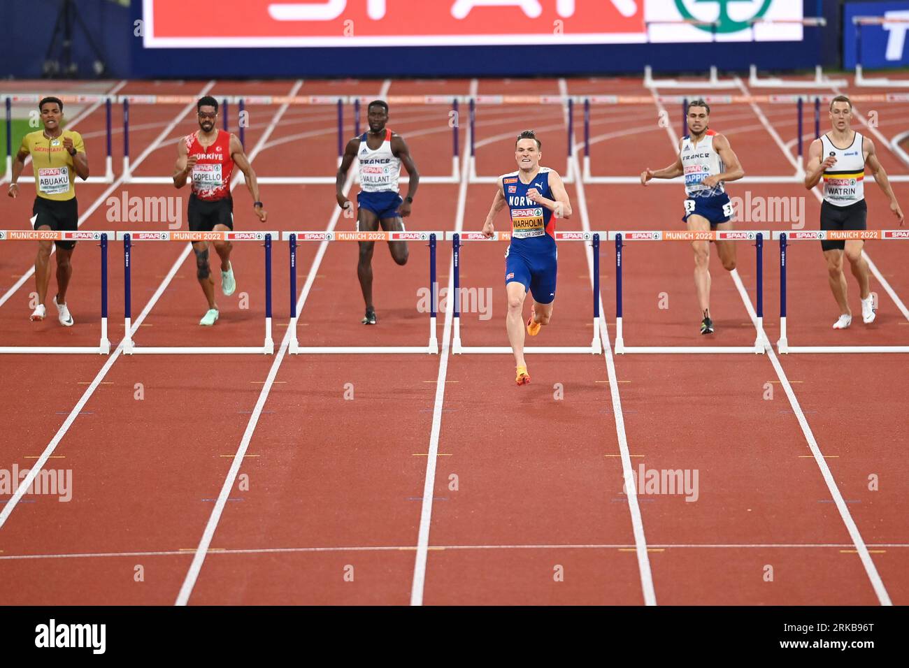 Karsten Warholm (Gold, Norway), Wilfried Happio (Silver, France), Yasmani Copello (Bronze, Turkey). 400m Hurdles. European Championships Munich 2022 Stock Photo