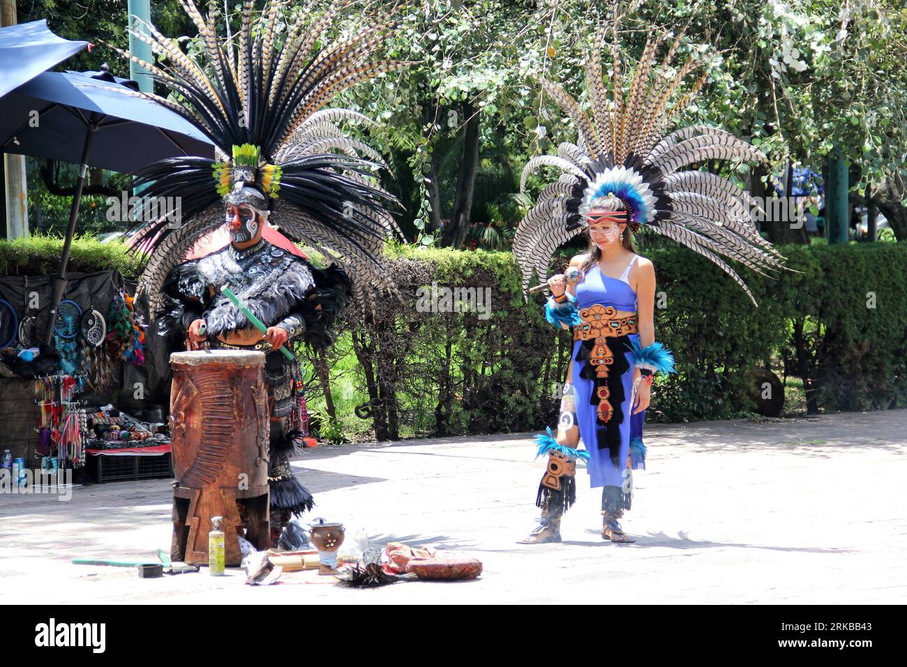 Mexico City, Mexico - August 2, 2023: Sample of pre-Hispanic dance and songs in the country's capital with dancers accompanied by sahumadores to prese Stock Photo