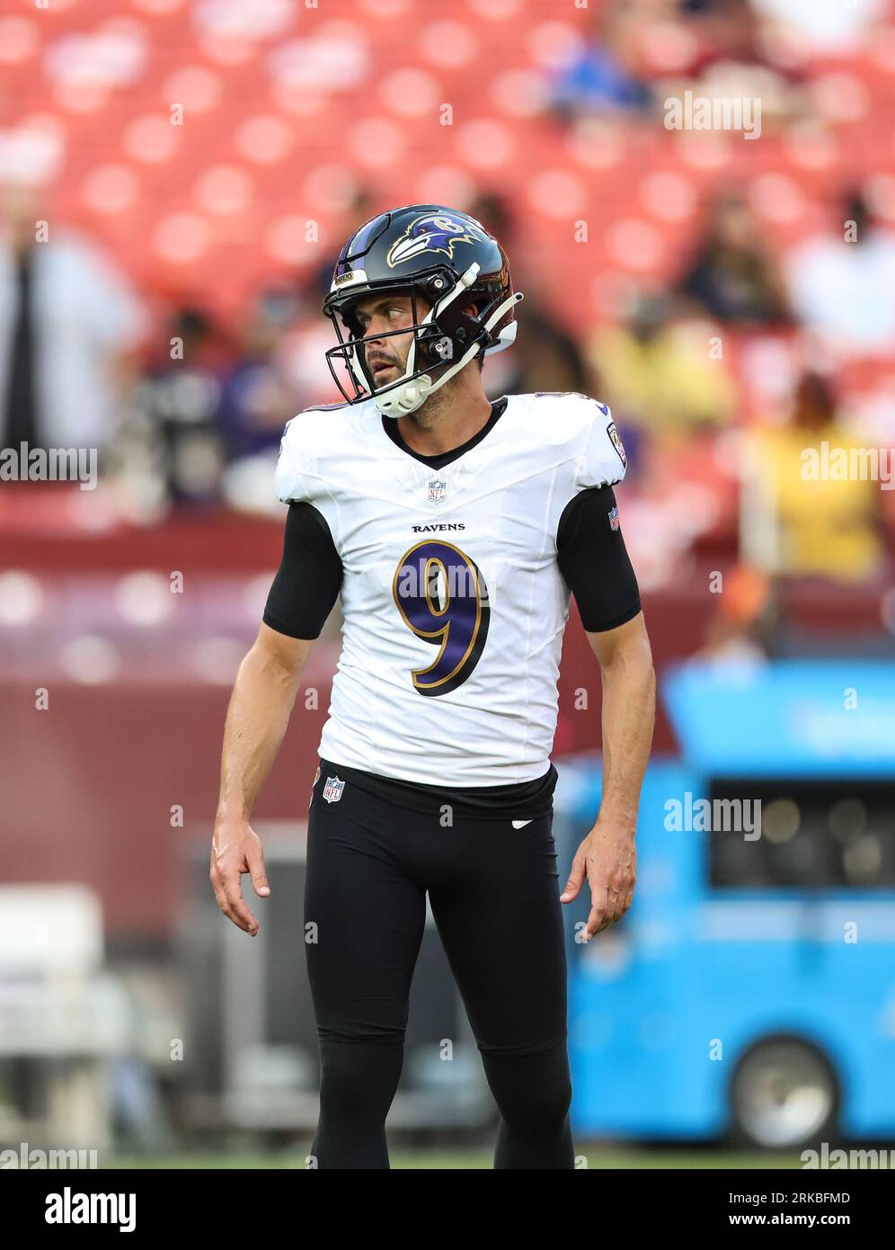 Baltimore Ravens kicker Justin Tucker (9) during pregame warmups on the field before preseason week 2 against the Washington Commanders at FedEx Field in Landover MD on August 21 2023 (Alyssa Howell/Image of Sport) Stock Photo