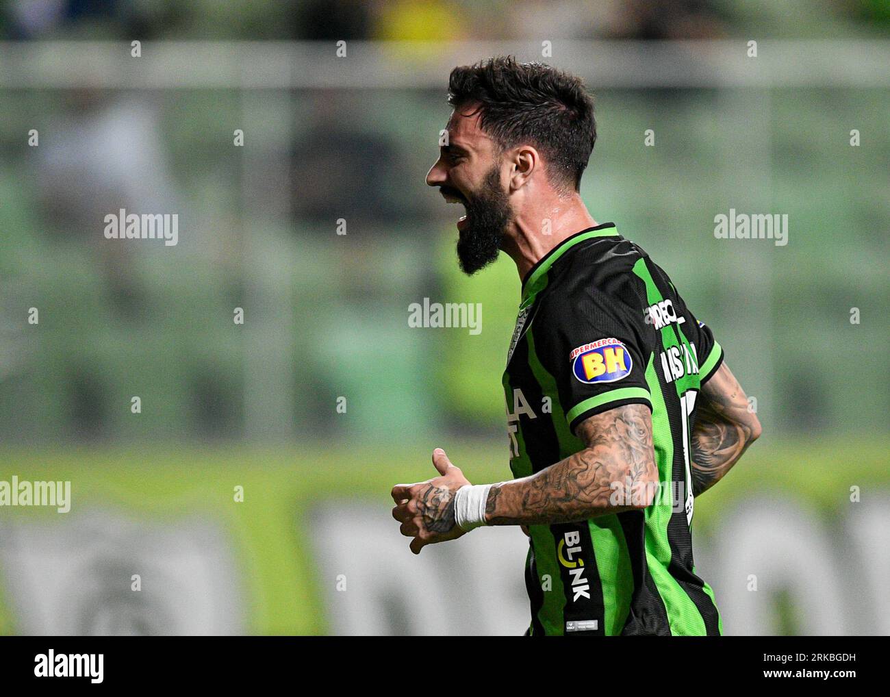 Belo Horizonte, Brazil. 24th Aug, 2023. Gonzalo Mastriani do America Mineiro, celebrates after scoring the first goal of his team during the match between America Mineiro and Fortaleza for the 1st leg of quarterfinals of Copa Conmebol Sudamericana 2023, at Arena Independencia Stadium, in Belo Horizonte, Brazil on August 24. Photo: Gledston Tavares/DiaEsportivo/Alamy Live News Credit: DiaEsportivo/Alamy Live News Stock Photo