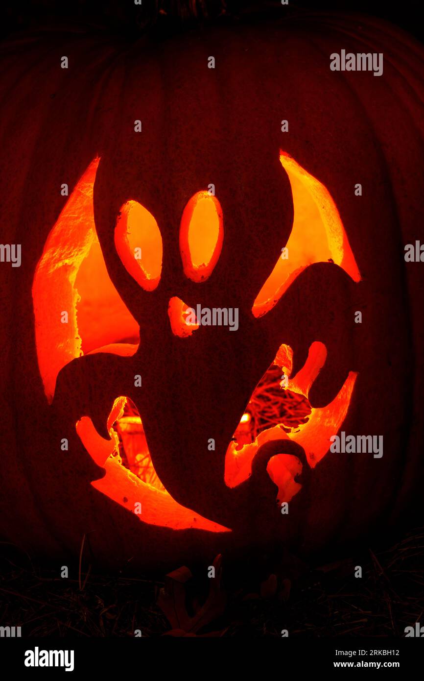 Ghost. Halloween theme carved pumpkin. The Stoddard Avenue Pumpkin Glow. Dayton, Ohio, USA. Stock Photo