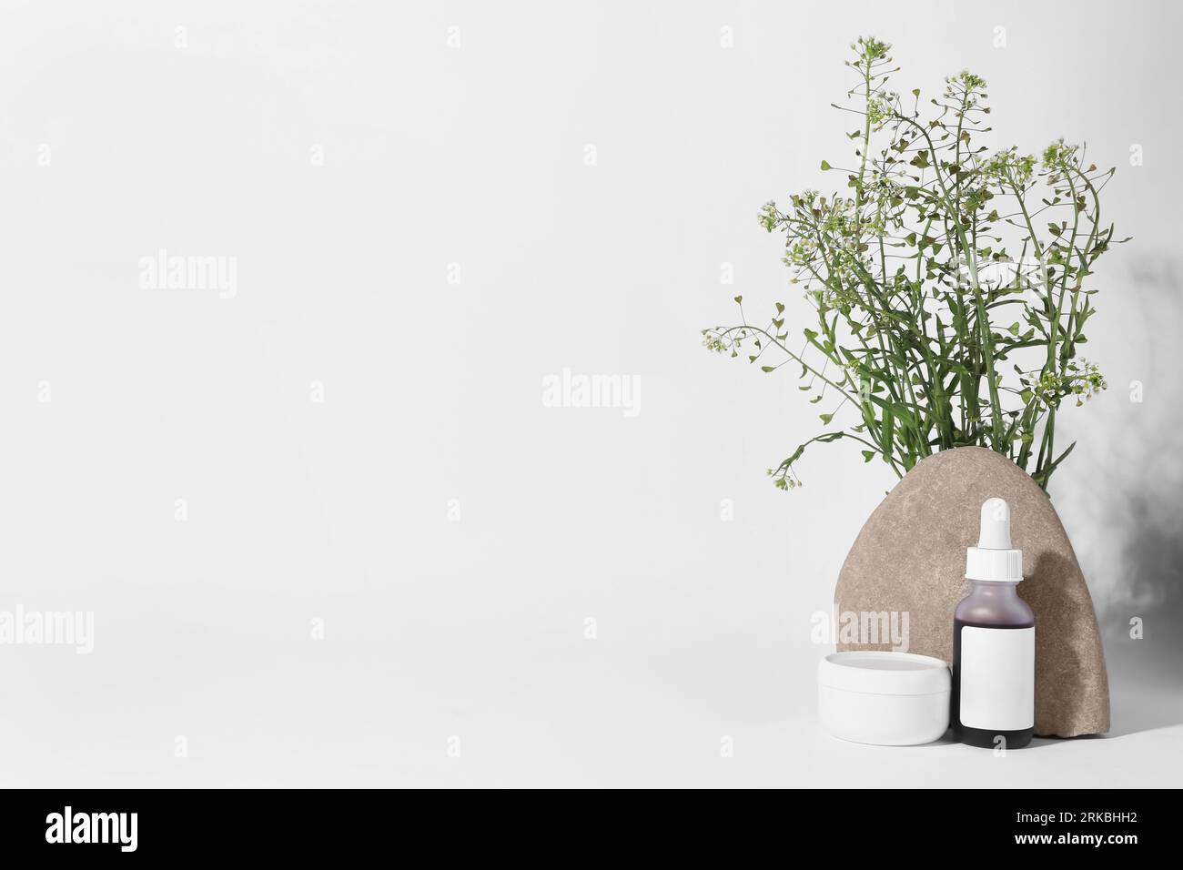 Cosmetic products, stone and bunch of camelina sativa on white background. Space for text Stock Photo