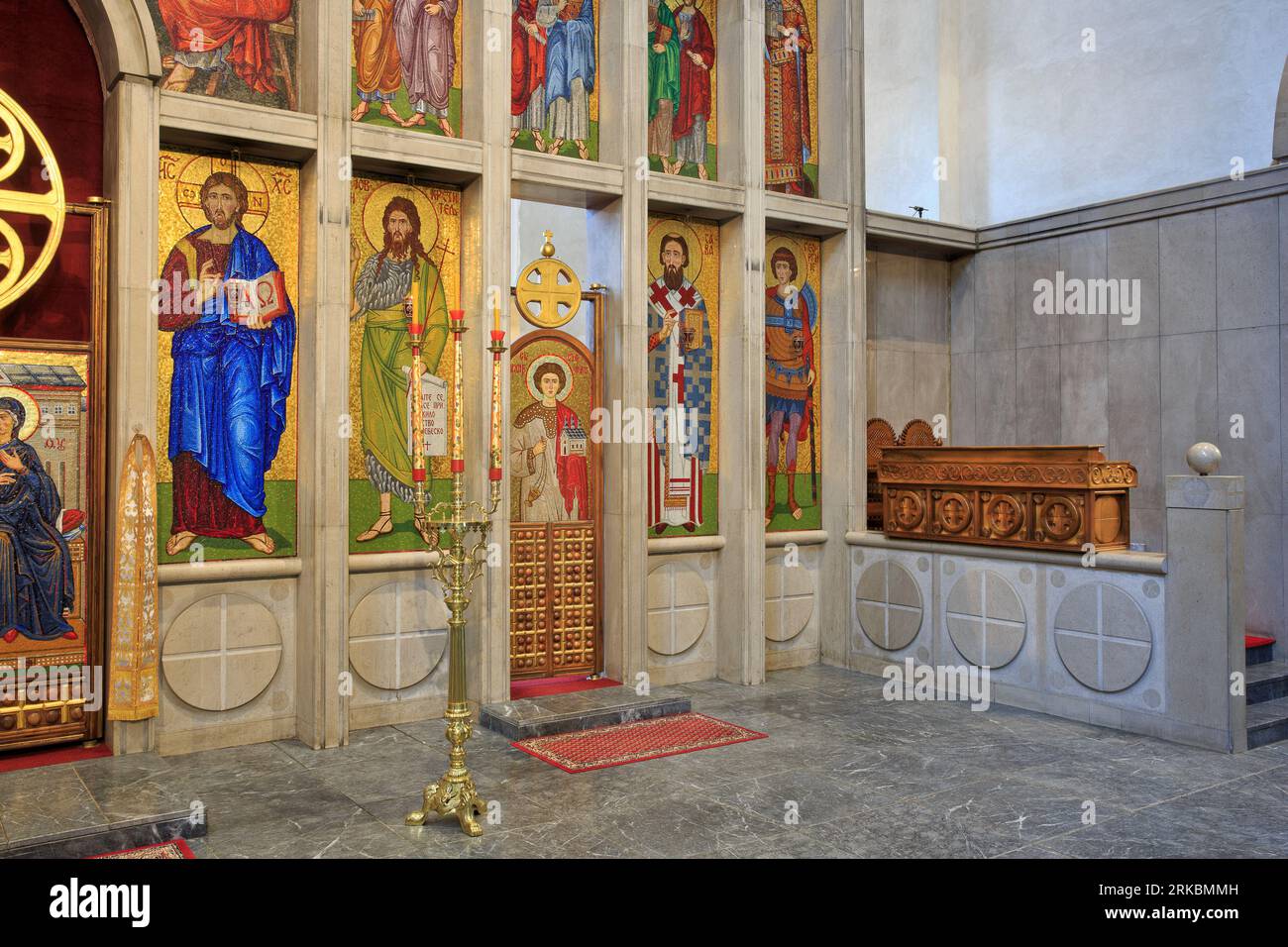 Part of the altar of the Serbian Orthodox Saint Mark's Church (1940) in Belgrade, Serbia with icons of Jesus, St. John, St. Sava and St. George Stock Photo