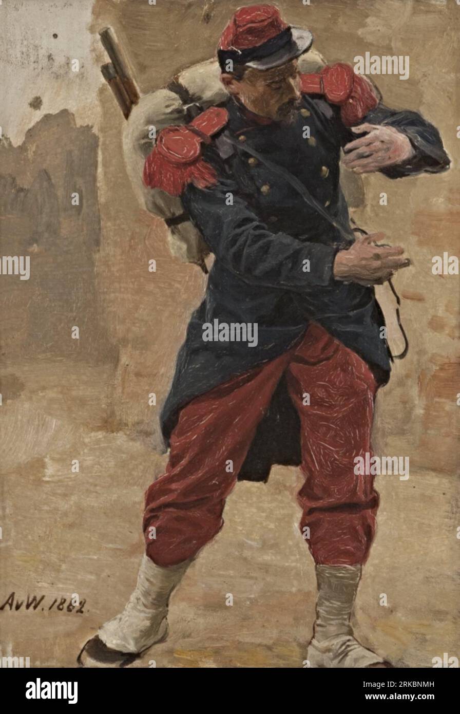 Französischer Infanterist mit Marschgepäck (Soldat in voller Montur). Studie zu Kriegsgefangen 1882 by Anton von Werner Stock Photo