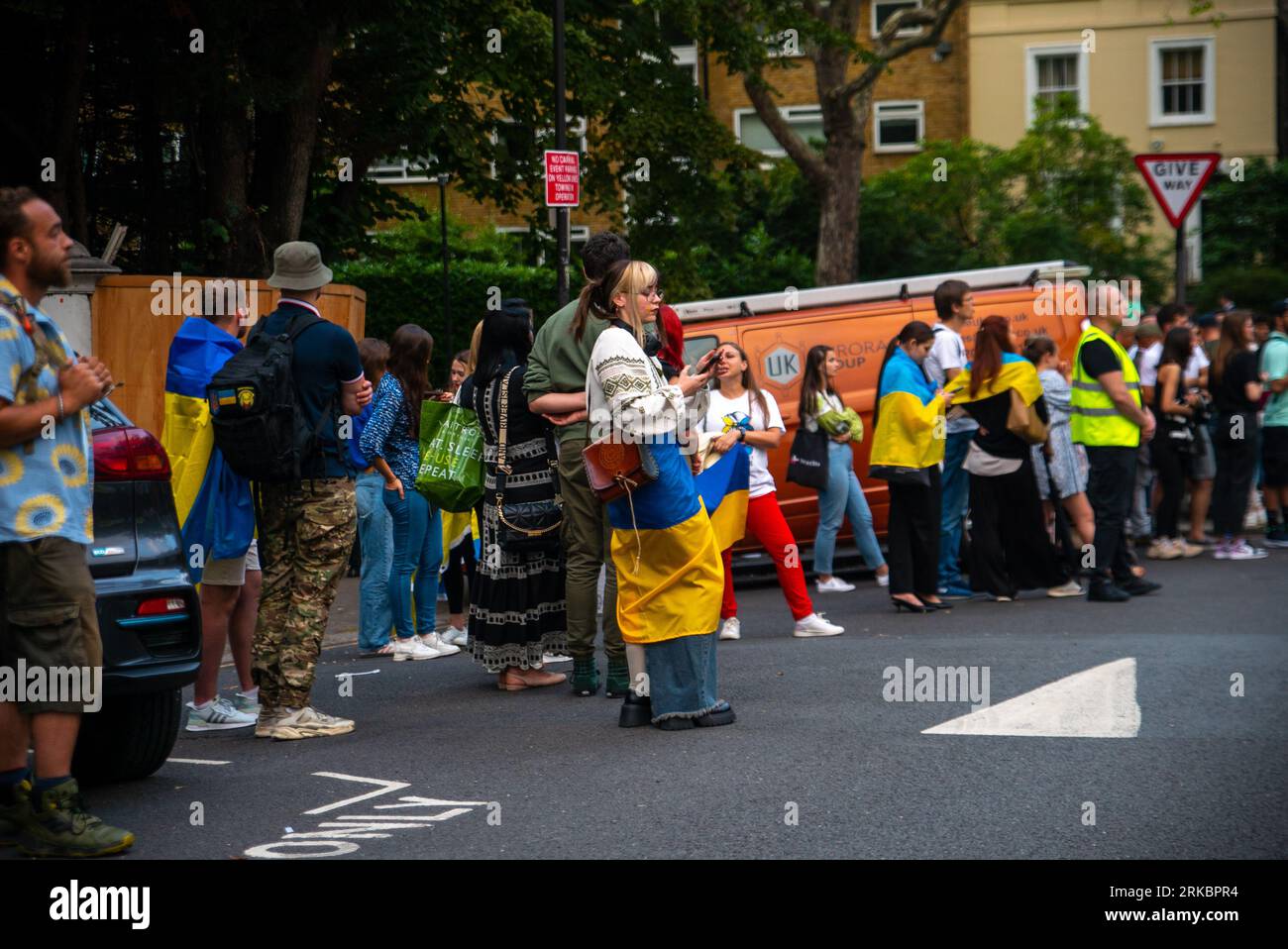 London, United Kingdom - August 24th 2023:  Ukrainians gather in front of the Ukrainian embassy during an event on their independence day. Stock Photo