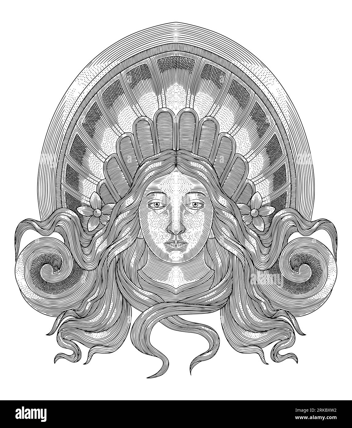 renaissance woman with long wave hair and shell frame, Vintage engraving drawing style vector illustration Stock Vector
