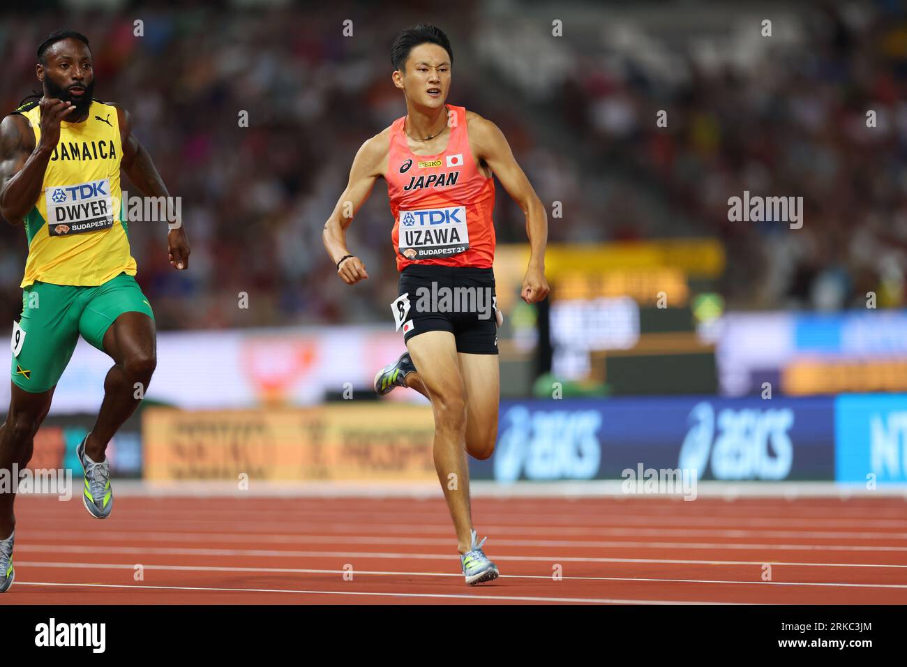 National Athletics Centre, Budapest, Hungary. 24th Aug, 2023. (L to R) Rasheed Dwyer (JAM), Towa Uzawa (JPN), AUGUST 24, 2023 - Athletics : World Athletics Championships Budapest 2023 Men's 200m Semi-Final at National Athletics Centre, Budapest, Hungary. Credit: Naoki Morita/AFLO SPORT/Alamy Live News Stock Photo