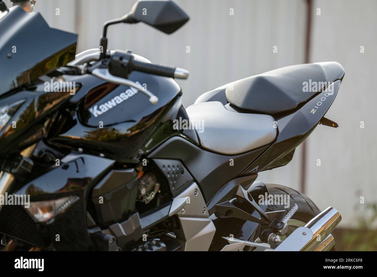 A Kawasaki Z1000 motorcycle, close up selective focus. Stock Photo