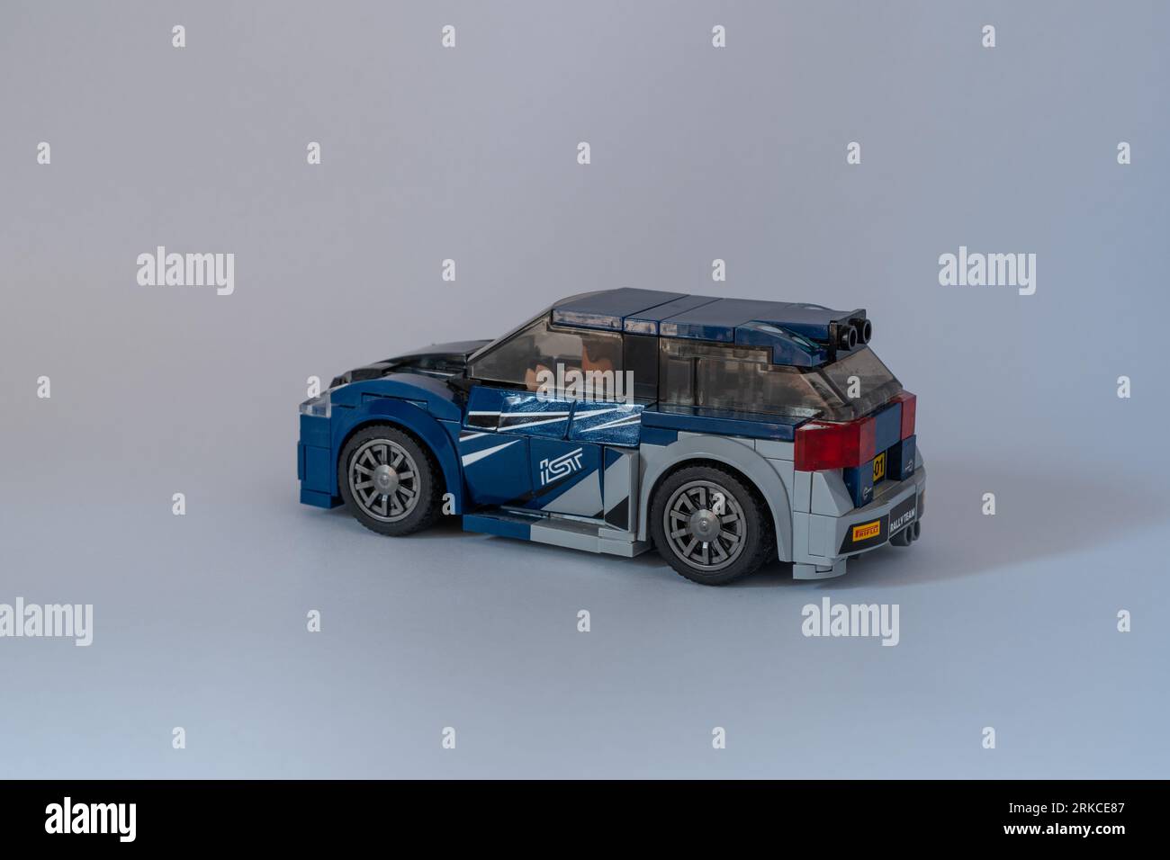 Doha, Qatar August 24, 2023 Blue plastic building blocks car on a white background Stock