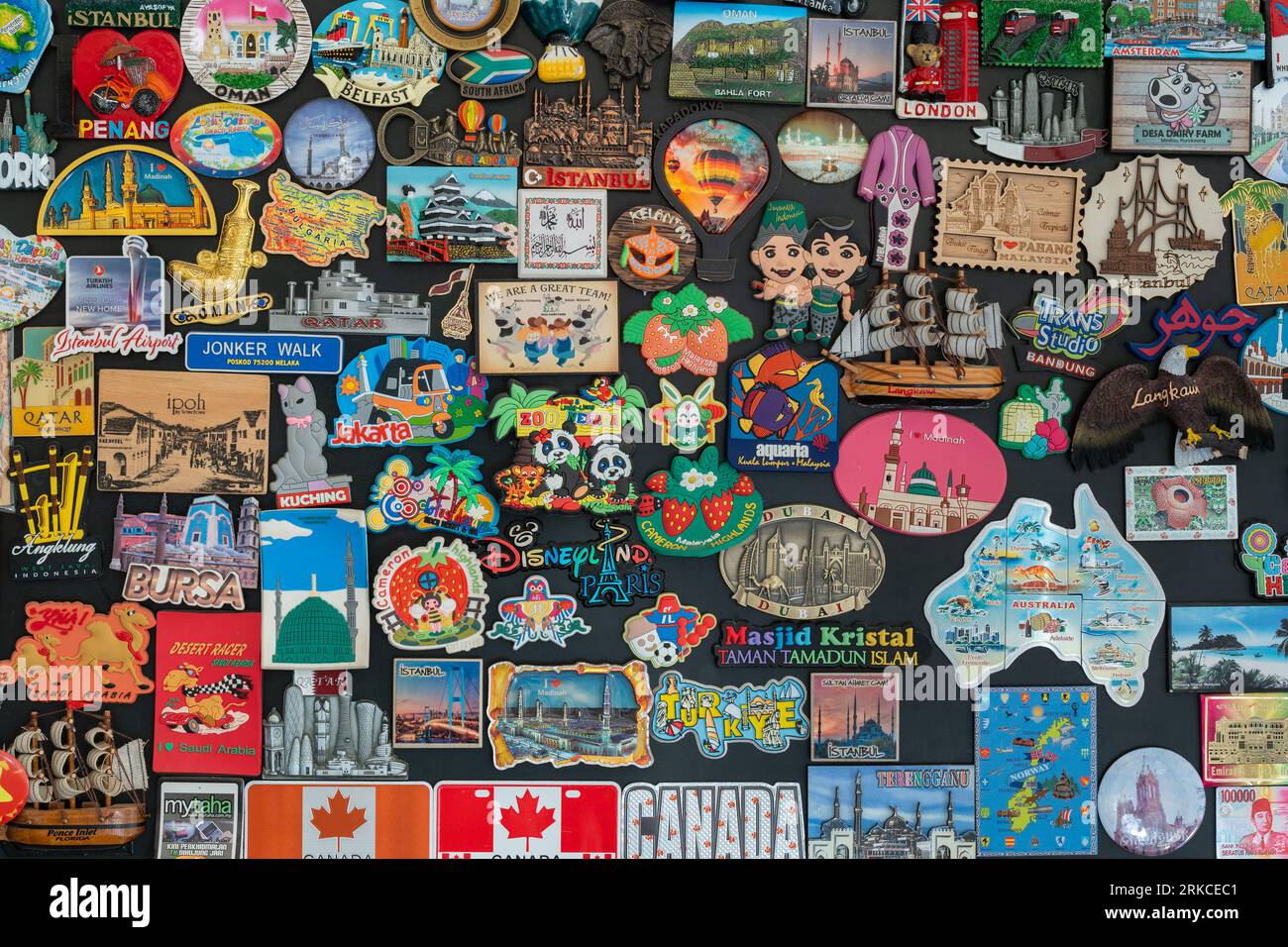 Doha, Qatar - August 25, 2023: Collection of fridge magnets from all around the world. Stock Photo