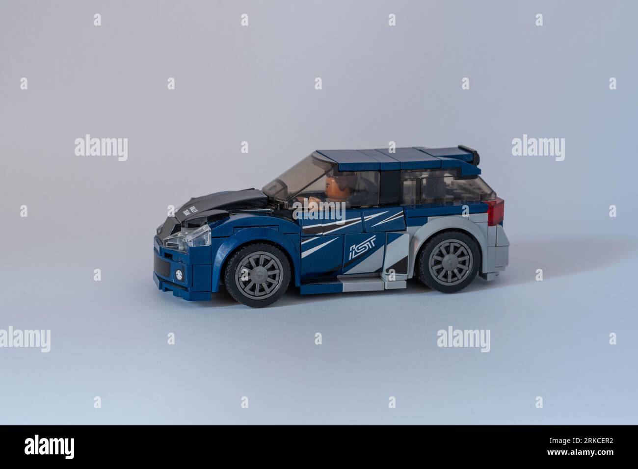 Doha, Qatar August 24, 2023 Blue plastic building blocks car on a white background Stock