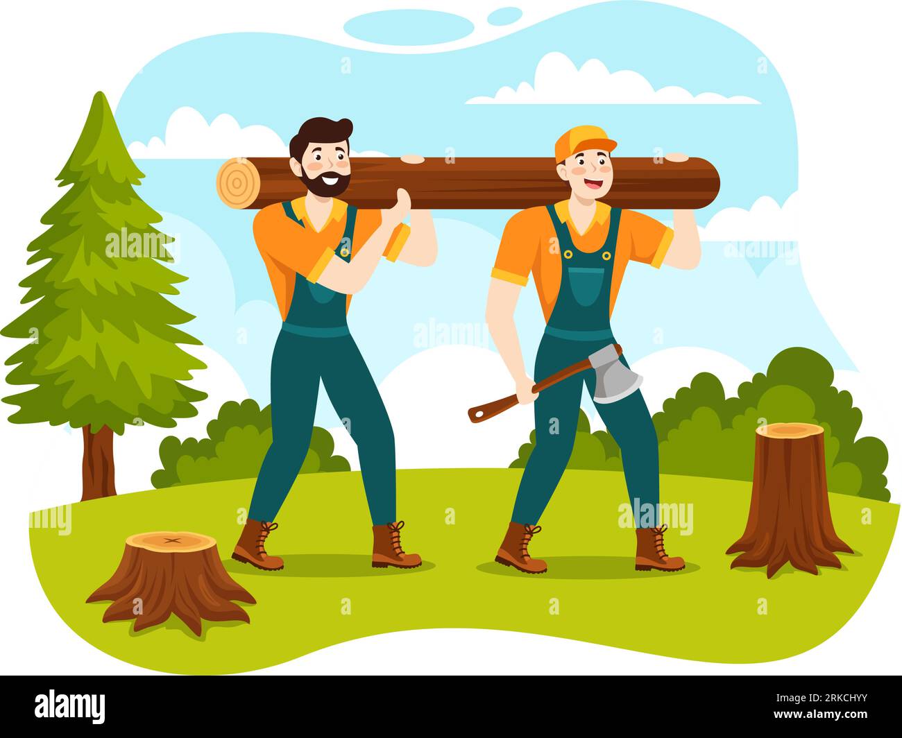 Men Chopping Wood and Cutting Tree with Lumberjack Work Equipment