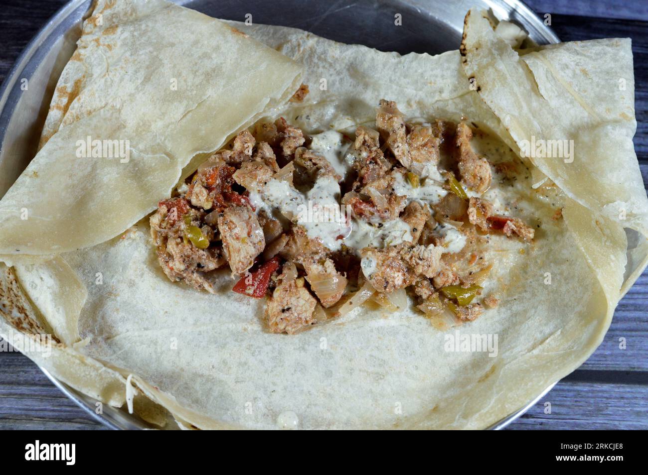 Preparing Syrian recipe cuisine background, chicken shawerma or