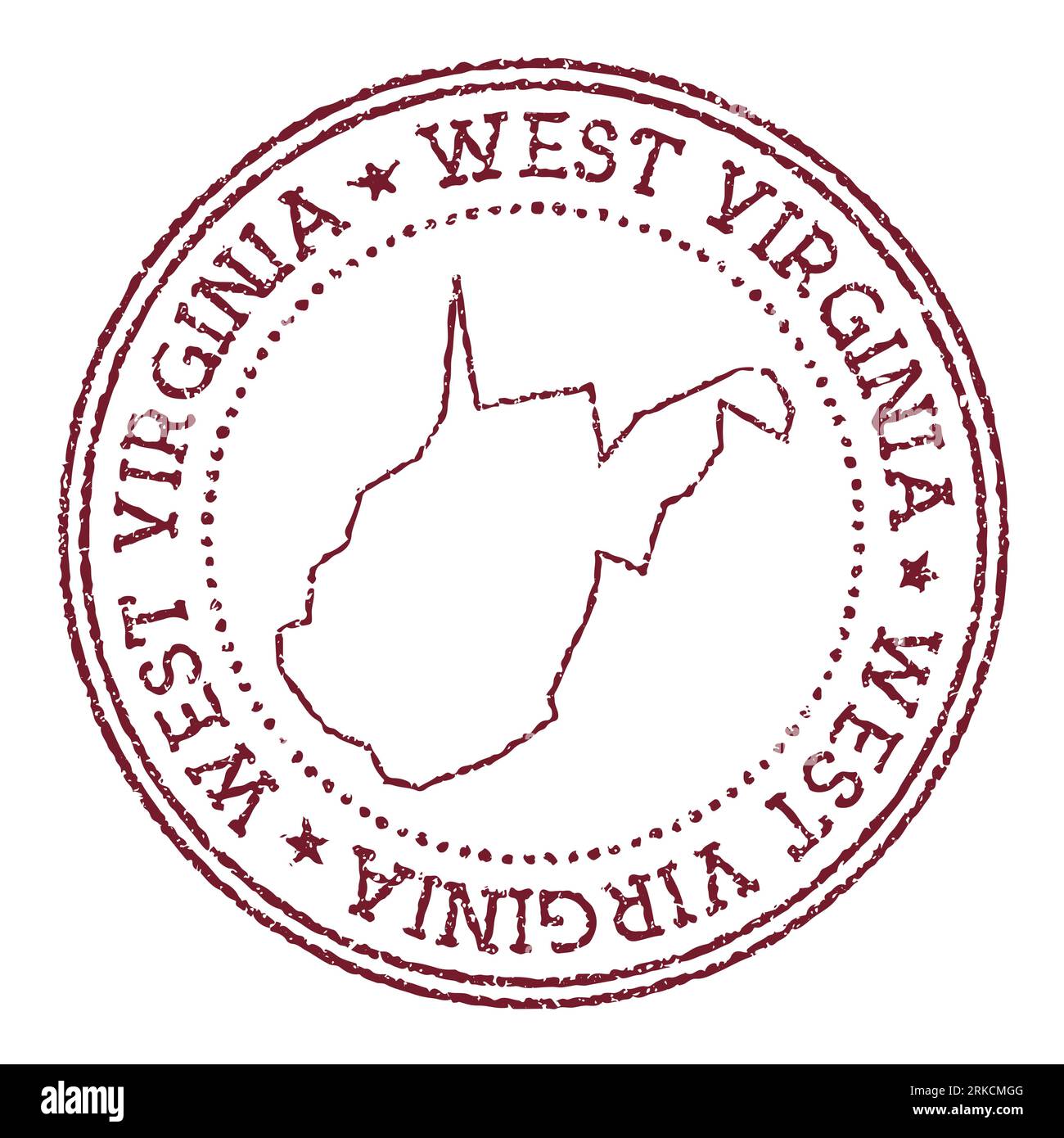 West Virginia round rubber stamp with us state map. Vintage red