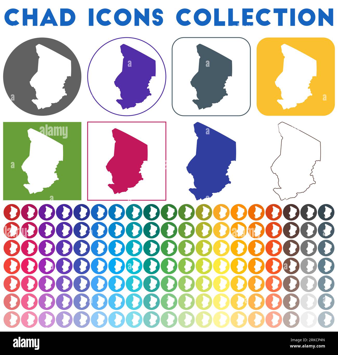 Chad icons collection. Bright colourful trendy map icons. Modern Chad badge with country map. Vector illustration. Stock Vector