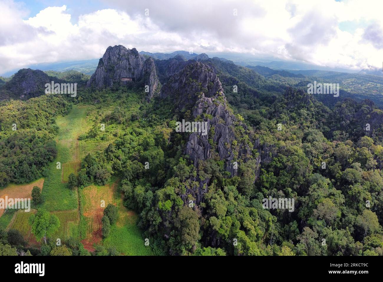 High-angle shot from a drone Beautiful limestone mountain Tourist Attractions in Loei Province, or mountains,Suan Hin Pha Ngam ,aka Kunming of Loei in Stock Photo