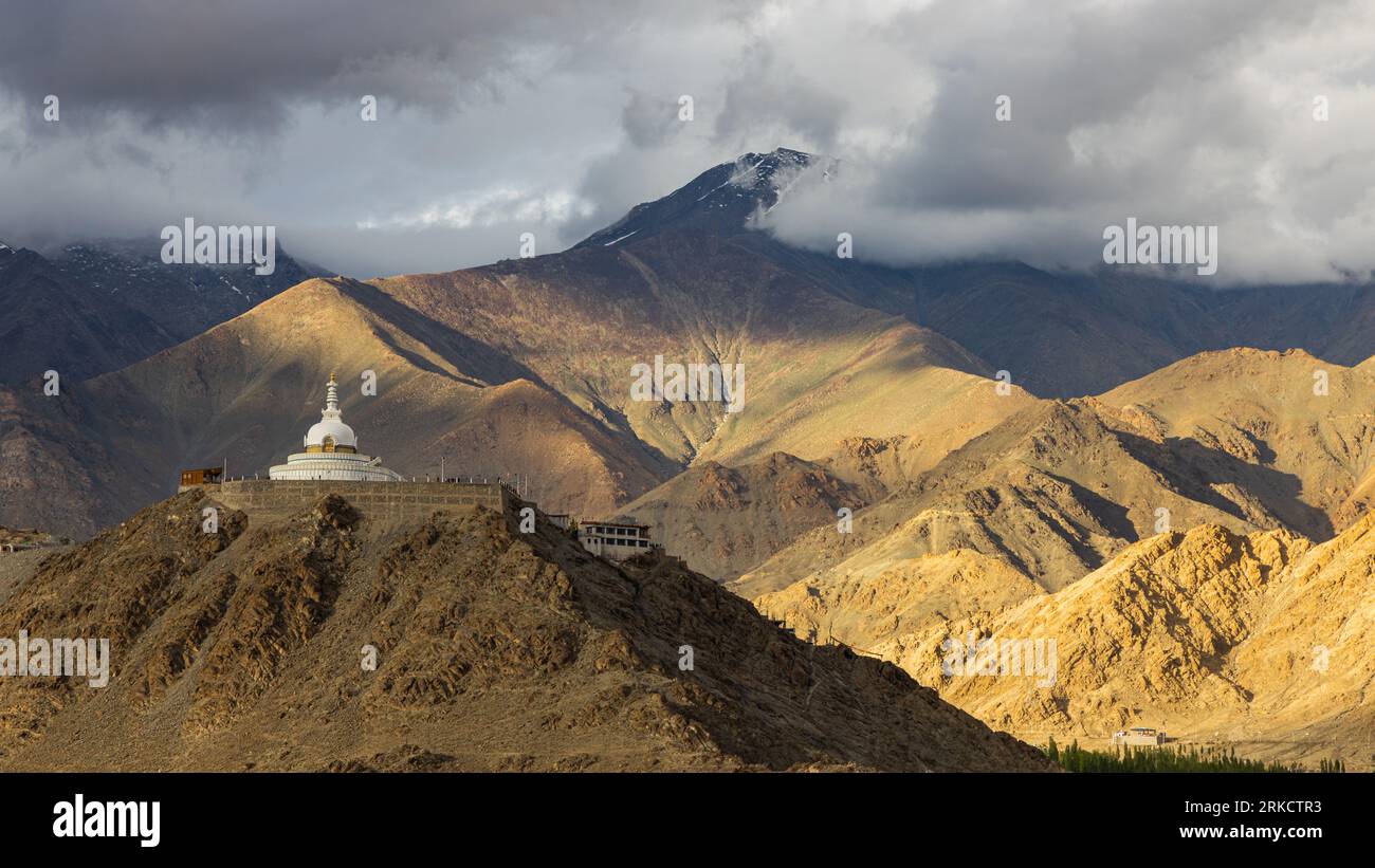 Shanti Stupa, a famous landmark at Leh town, India on 23 july 2023 Stock Photo