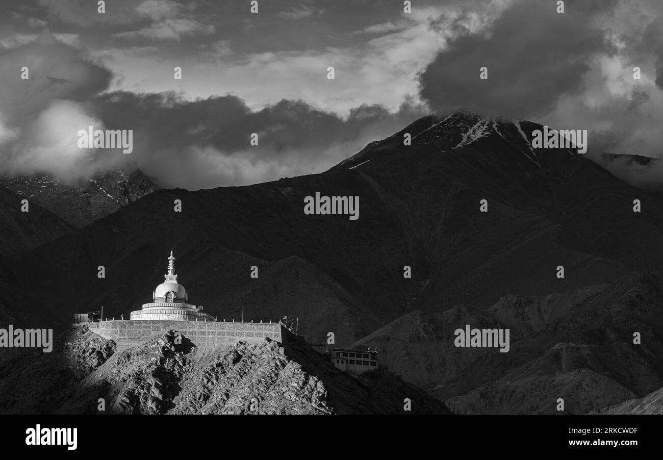 Shanti Stupa, a famous landmark at Leh town, India on 23 july 2023 Stock Photo