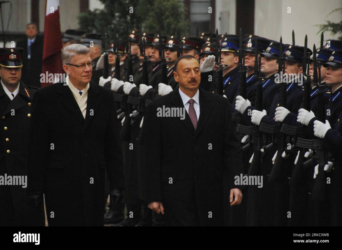 Bildnummer: 54825702  Datum: 17.01.2011  Copyright: imago/Xinhua (110117) -- RIGA, Jan.17, 2011(Xinhua) -- Latvian President Valdis Zatlers (L, Front) and visiting Azerbaijani President Ilham Aliyev inspect the honour guard in Riga, capital of Latvia, Jan. 17, 2011. Aliyev arrived in Latvia for a one-day visit on Monday. (Xinhua/Yang Dehong) LATVIA-RIGA-AZERBAIJANI PRESIDENT-VISIT PUBLICATIONxNOTxINxCHN Politik People kbdig xub 2011 quer premiumd     Bildnummer 54825702 Date 17 01 2011 Copyright Imago XINHUA  Riga Jan 17 2011 XINHUA Latvian President Valdis Zatlers l Front and Visiting Azerbai Stock Photo