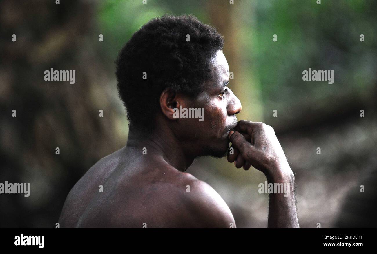 Bildnummer: 54834243  Datum: 15.01.2011  Copyright: imago/Xinhua (110120) -- NAIROBI, Jan. 20, 2011 (Xinhua) -- A Pygmy man is seen in the forests in Kribi, west Cameroon, Jan. 15, 2011. The word pygmy, as used to refer to diminutive people, derives from Greek word Pygmaioi . The Pygmy s average height is unusually low as the adult men grow to less than 150 cm. The pygmy live in the forests and were called sons of the forests . (Xinhua/Zhao Yingquan) (lyi) Cameroon-KRIBI-PYGMY PEOPLE PUBLICATIONxNOTxINxCHN Gesellschaft Reisen Pygmäen kbdig xcb 2011 quer o0 Land, Leute, Einheimische,    Bildnum Stock Photo