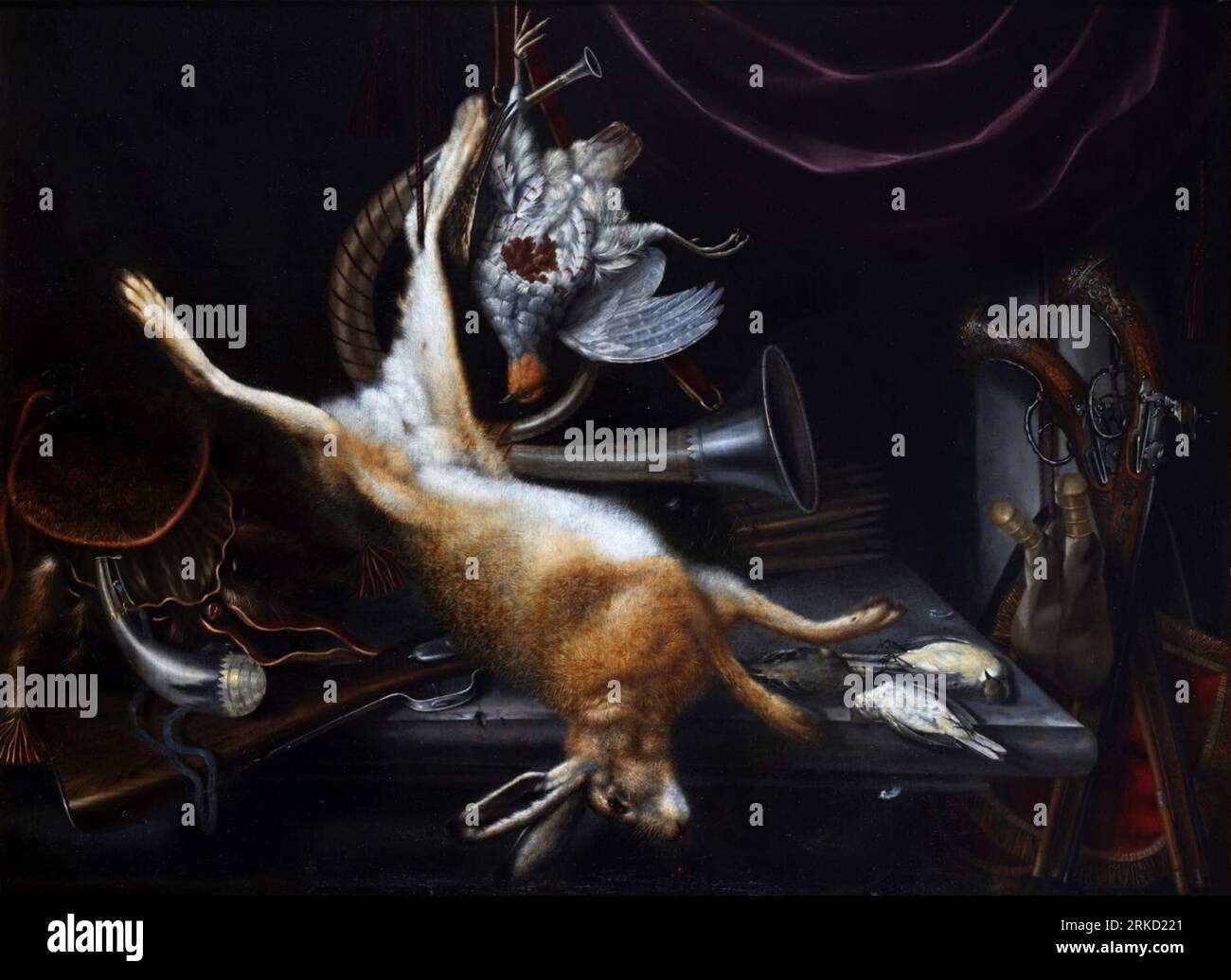 Hunting still life with a hare, hunting horn, powder canisters and pistols between 1670 and 1679 by Jacob Biltius Stock Photo