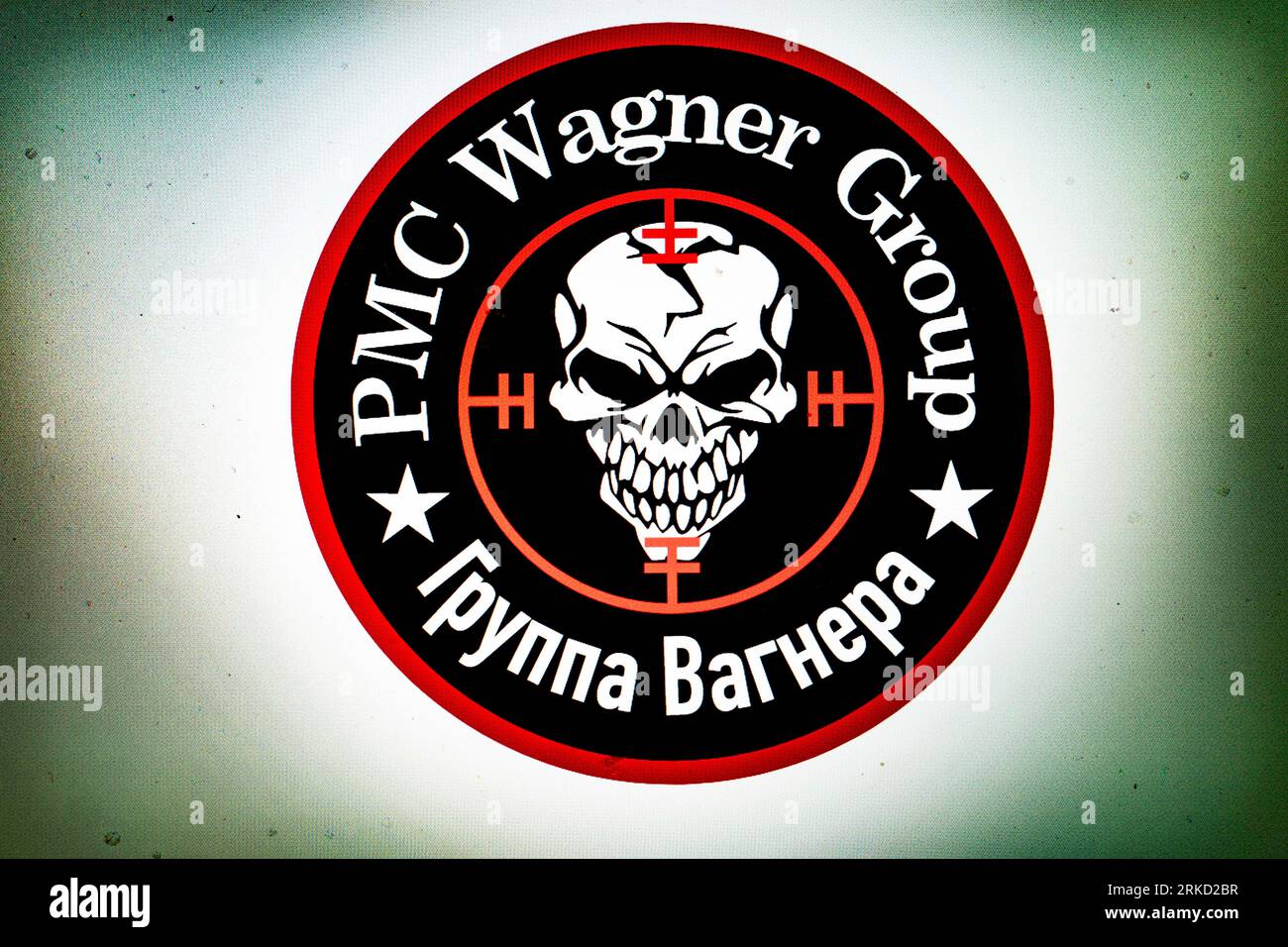 New York, New York, USA. 24th Aug, 2023. The PMC Wagner Group logo. The Russian Private Military Company Wagner Group was led by mercenary Yevgeny Prigozhin, long known as Putin's Chef, who is presumably dead after his plane crashed outside Moscow following his march on Moscow from Ukraine. The Wagner Group operates across the third world and is focused primarily in Africa and Ukraine. (Credit Image: © Taidgh Barron/ZUMA Press Wire) EDITORIAL USAGE ONLY! Not for Commercial USAGE! Stock Photo